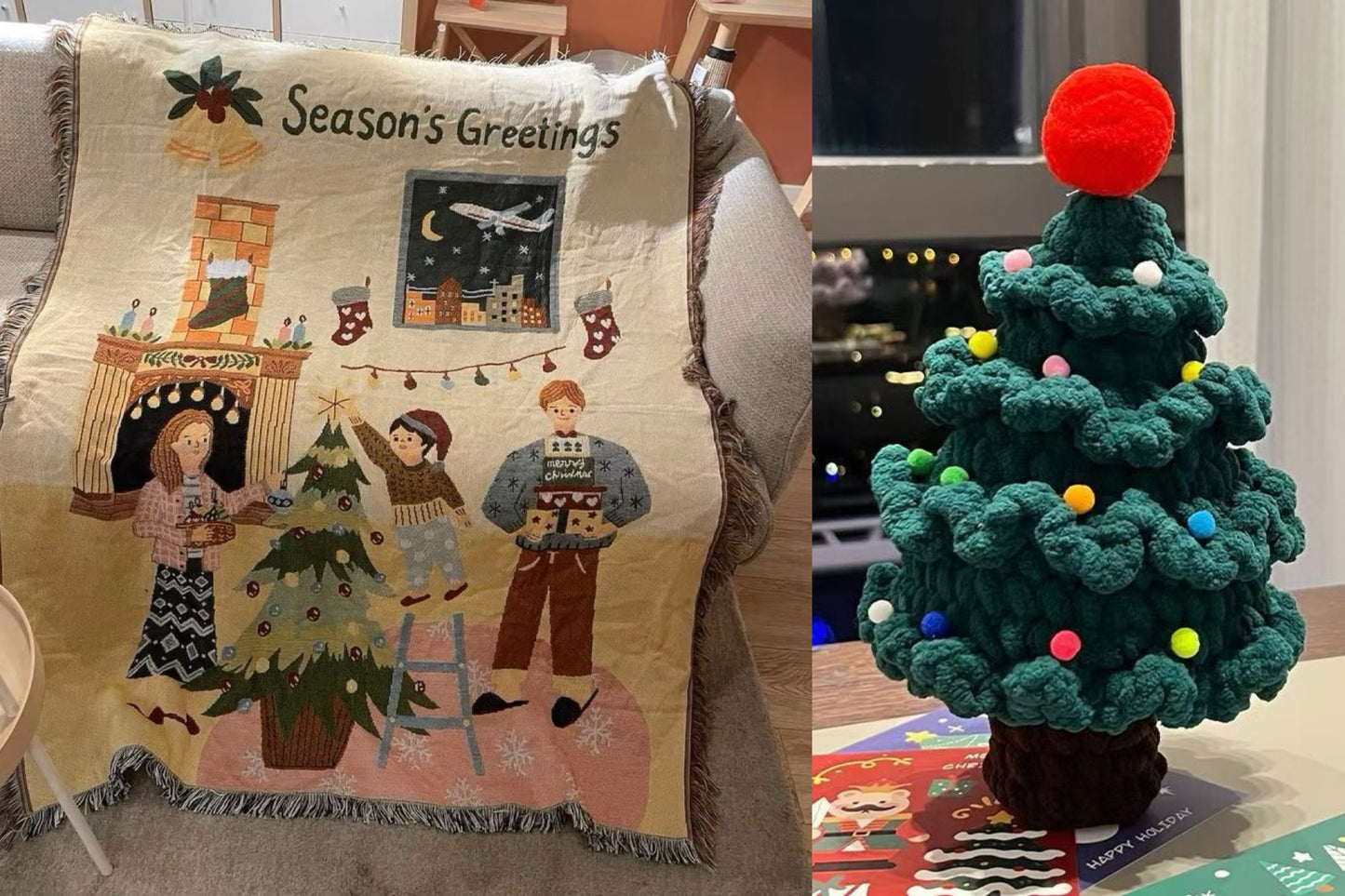 【クリスママスギフトセット】北欧風ブランケット＋手編み風クリスマスツリーの2点セット ｜全4柄・おしゃれであたたかい大判スローケット｜ソファ・ベッド・ひざ掛けにもおすすめ｜家族・友達・恋人 ギフト