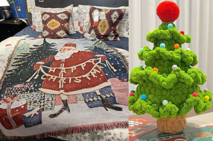 【クリスママスギフトセット】北欧風ブランケット＋手編み風クリスマスツリーの2点セット ｜全4柄・おしゃれであたたかい大判スローケット｜ソファ・ベッド・ひざ掛けにもおすすめ｜家族・友達・恋人 ギフト