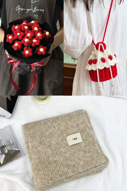 【クリスママスギフトセット】ハンドメイドショートケーキ巾着バッグ＋手編み花束＋マフラーの3点セット｜色を自由に選べる｜家族・友達・恋人へのクリスマスギフト