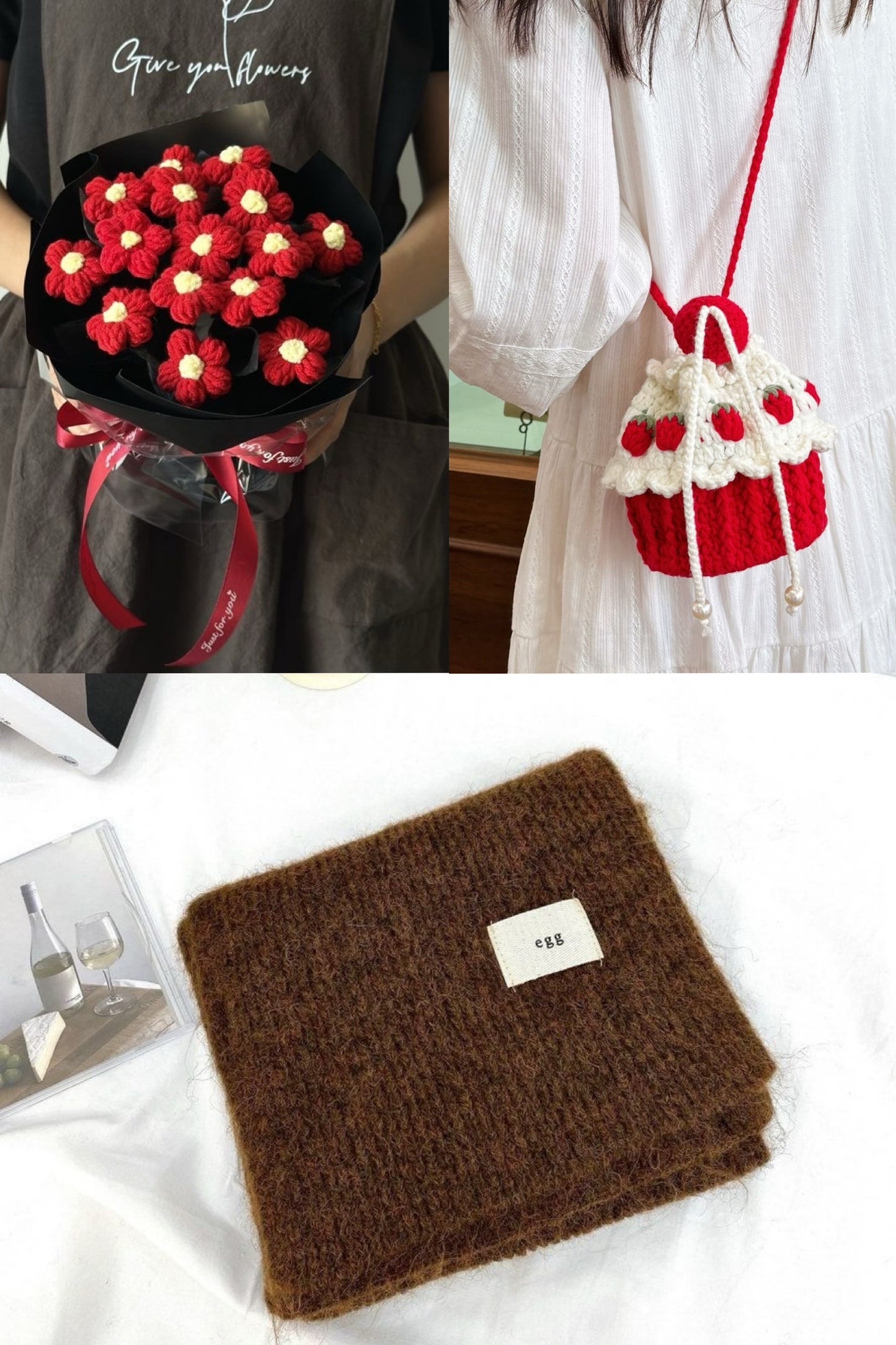 【クリスママスギフトセット】ハンドメイドショートケーキ巾着バッグ＋手編み花束＋マフラーの3点セット｜色を自由に選べる｜家族・友達・恋人へのクリスマスギフト