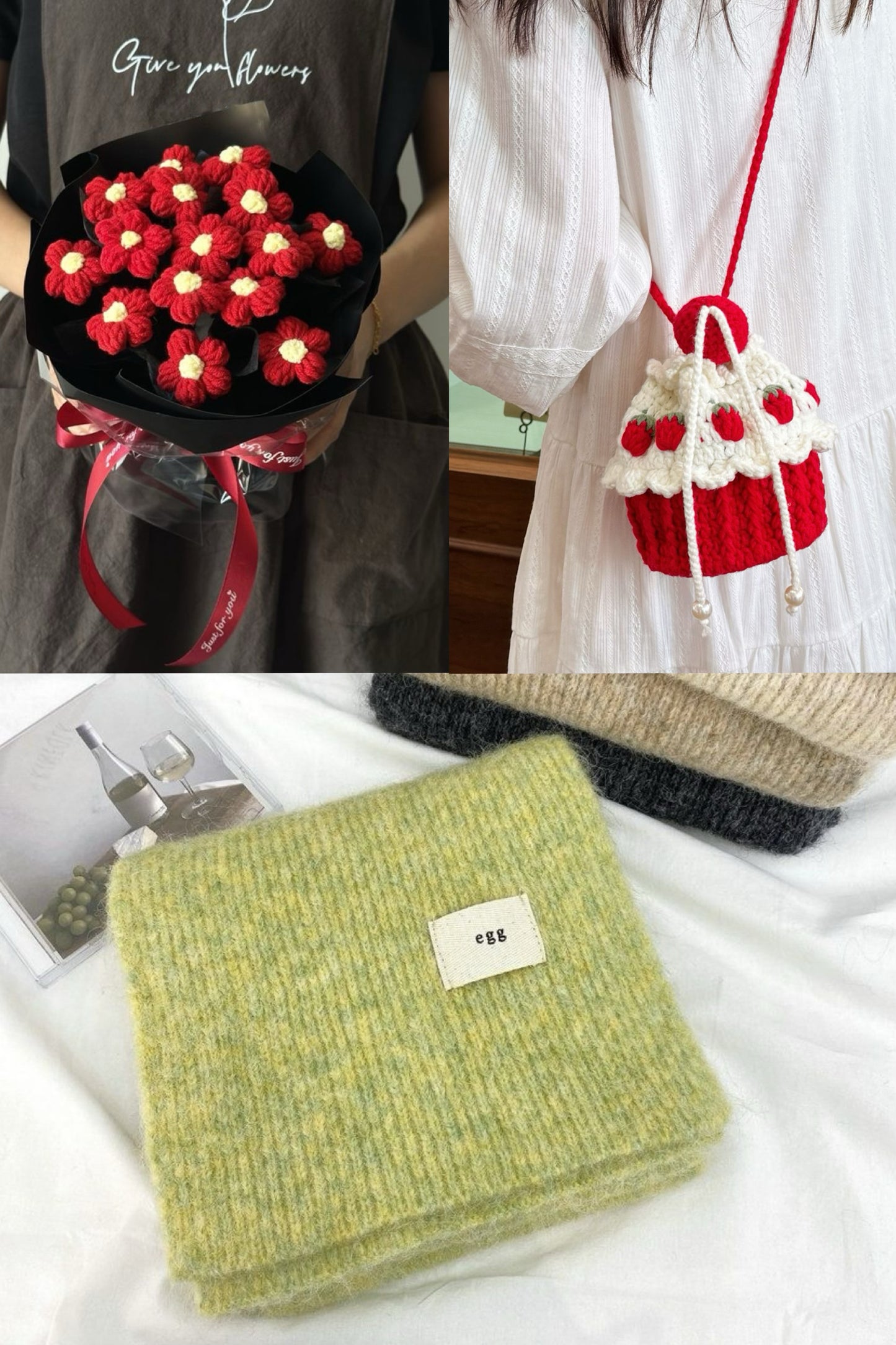 【クリスママスギフトセット】ハンドメイドショートケーキ巾着バッグ＋手編み花束＋マフラーの3点セット｜色を自由に選べる｜家族・友達・恋人へのクリスマスギフト