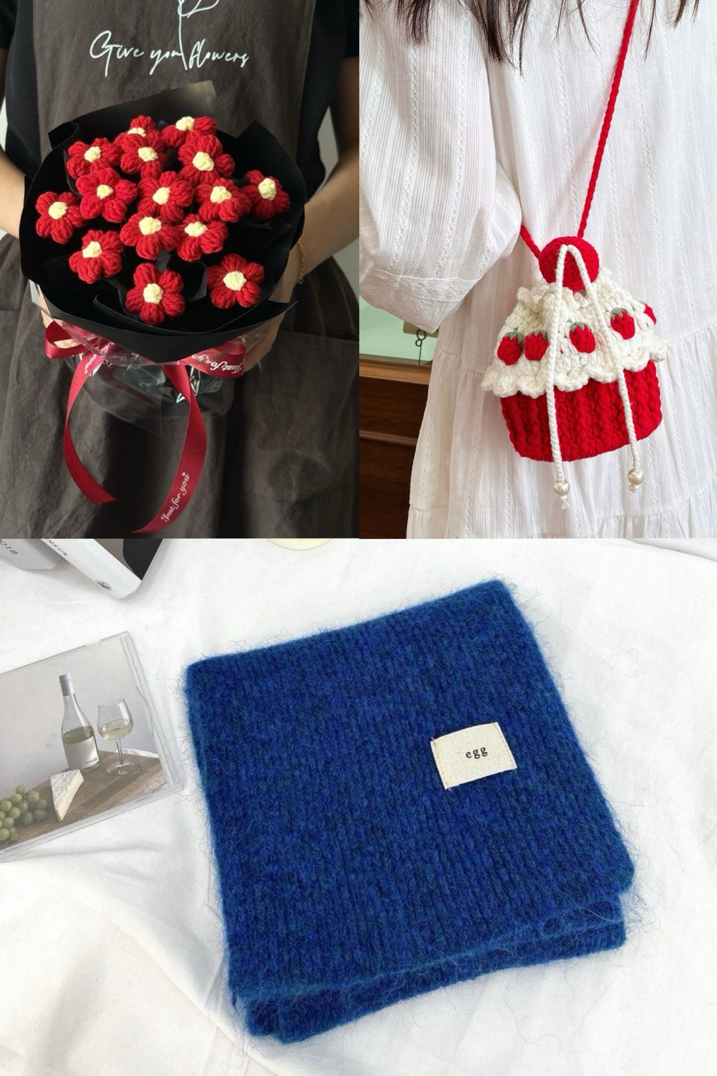 【クリスママスギフトセット】ハンドメイドショートケーキ巾着バッグ＋手編み花束＋マフラーの3点セット｜色を自由に選べる｜家族・友達・恋人へのクリスマスギフト