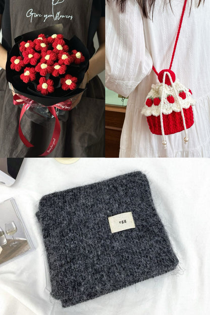 【クリスママスギフトセット】ハンドメイドショートケーキ巾着バッグ＋手編み花束＋マフラーの3点セット｜色を自由に選べる｜家族・友達・恋人へのクリスマスギフト