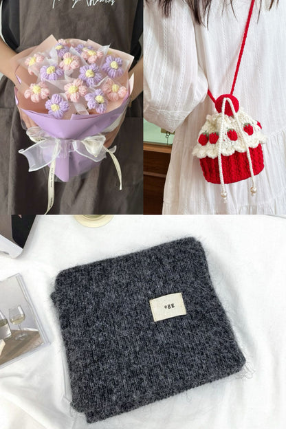 【クリスママスギフトセット】ハンドメイドショートケーキ巾着バッグ＋手編み花束＋マフラーの3点セット｜色を自由に選べる｜家族・友達・恋人へのクリスマスギフト