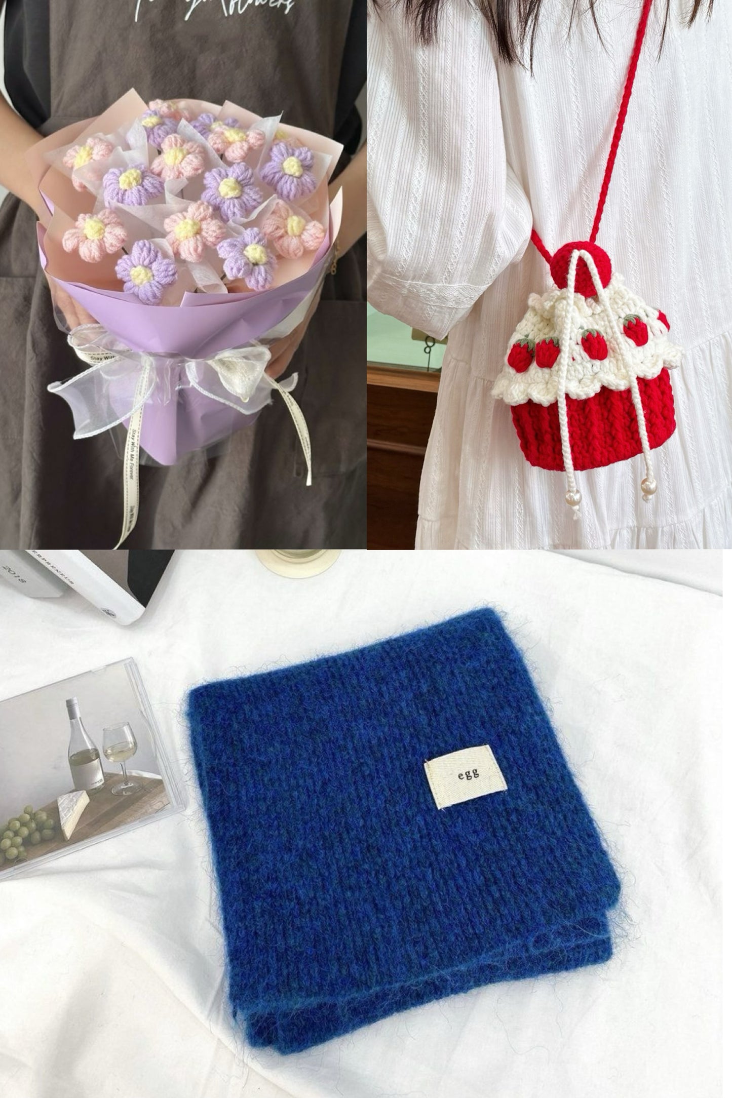 【クリスママスギフトセット】ハンドメイドショートケーキ巾着バッグ＋手編み花束＋マフラーの3点セット｜色を自由に選べる｜家族・友達・恋人へのクリスマスギフト