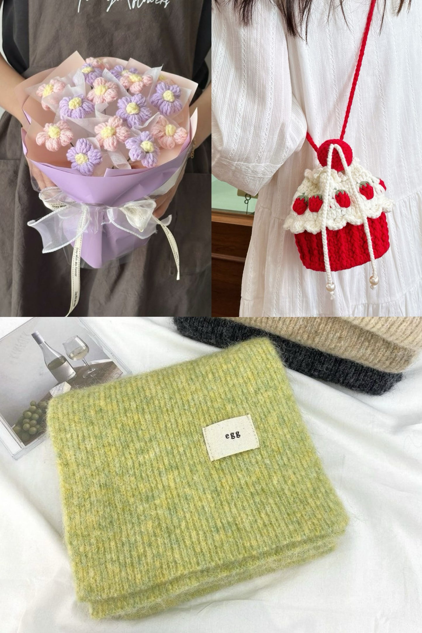 【クリスママスギフトセット】ハンドメイドショートケーキ巾着バッグ＋手編み花束＋マフラーの3点セット｜色を自由に選べる｜家族・友達・恋人へのクリスマスギフト