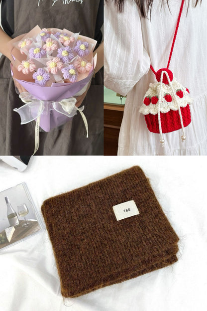 【クリスママスギフトセット】ハンドメイドショートケーキ巾着バッグ＋手編み花束＋マフラーの3点セット｜色を自由に選べる｜家族・友達・恋人へのクリスマスギフト