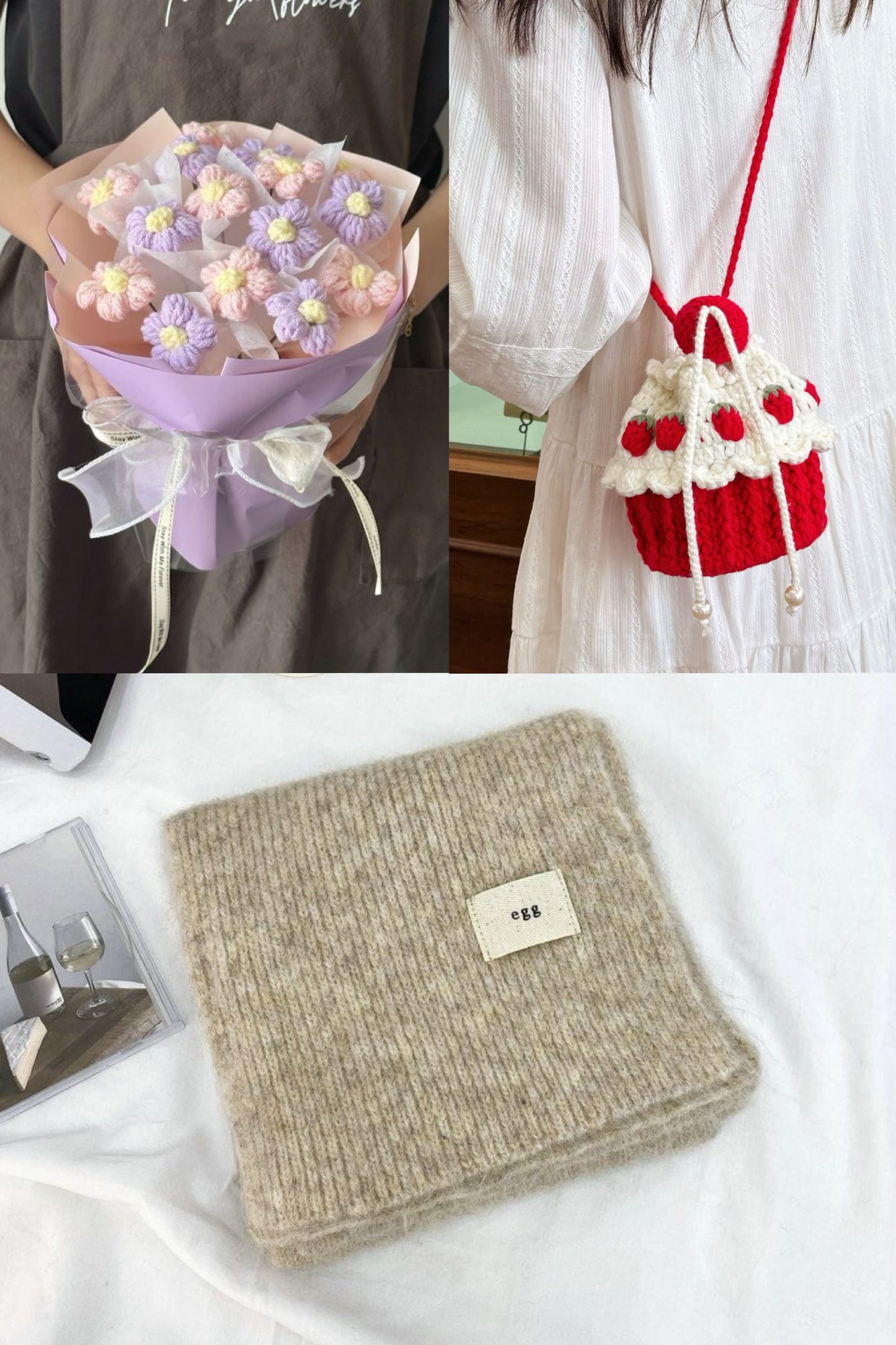 【クリスママスギフトセット】ハンドメイドショートケーキ巾着バッグ＋手編み花束＋マフラーの3点セット｜色を自由に選べる｜家族・友達・恋人へのクリスマスギフト