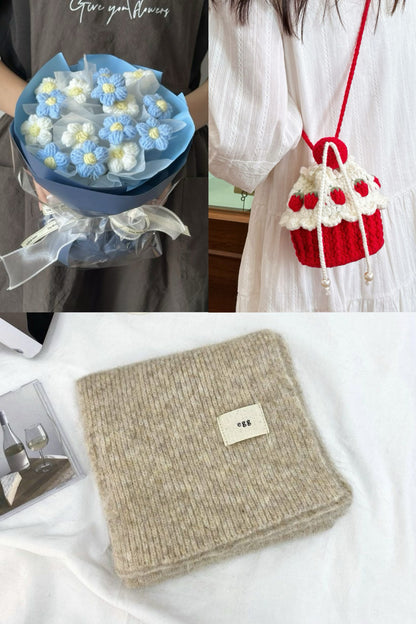 【クリスママスギフトセット】ハンドメイドショートケーキ巾着バッグ＋手編み花束＋マフラーの3点セット｜色を自由に選べる｜家族・友達・恋人へのクリスマスギフト