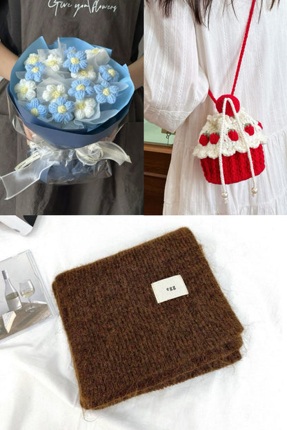 【クリスママスギフトセット】ハンドメイドショートケーキ巾着バッグ＋手編み花束＋マフラーの3点セット｜色を自由に選べる｜家族・友達・恋人へのクリスマスギフト