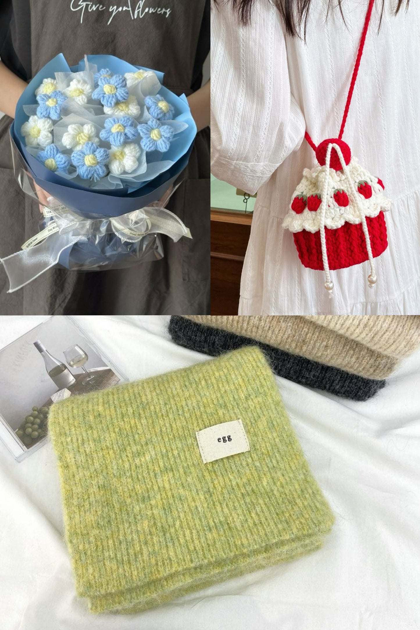 【クリスママスギフトセット】ハンドメイドショートケーキ巾着バッグ＋手編み花束＋マフラーの3点セット｜色を自由に選べる｜家族・友達・恋人へのクリスマスギフト