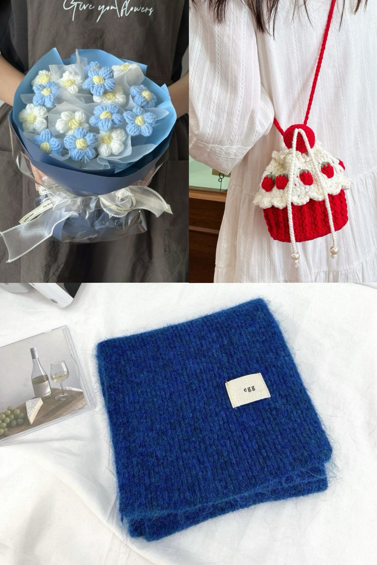 【クリスママスギフトセット】ハンドメイドショートケーキ巾着バッグ＋手編み花束＋マフラーの3点セット｜色を自由に選べる｜家族・友達・恋人へのクリスマスギフト