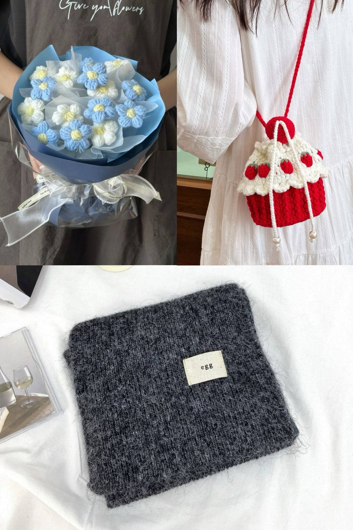 【クリスママスギフトセット】ハンドメイドショートケーキ巾着バッグ＋手編み花束＋マフラーの3点セット｜色を自由に選べる｜家族・友達・恋人へのクリスマスギフト