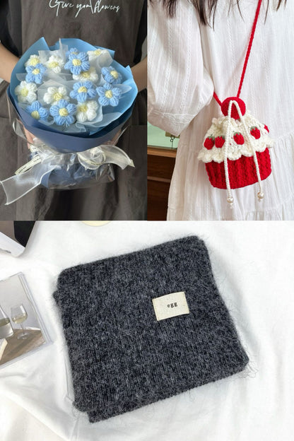 【クリスママスギフトセット】ハンドメイドショートケーキ巾着バッグ＋手編み花束＋マフラーの3点セット｜色を自由に選べる｜家族・友達・恋人へのクリスマスギフト