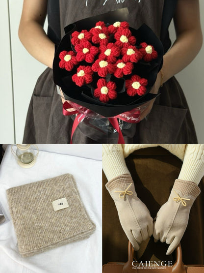 【3点セット】枯れない花束と温もりを贈る。手編みニットブーケ＆マフラー＆手袋ギフト｜選べるカラー