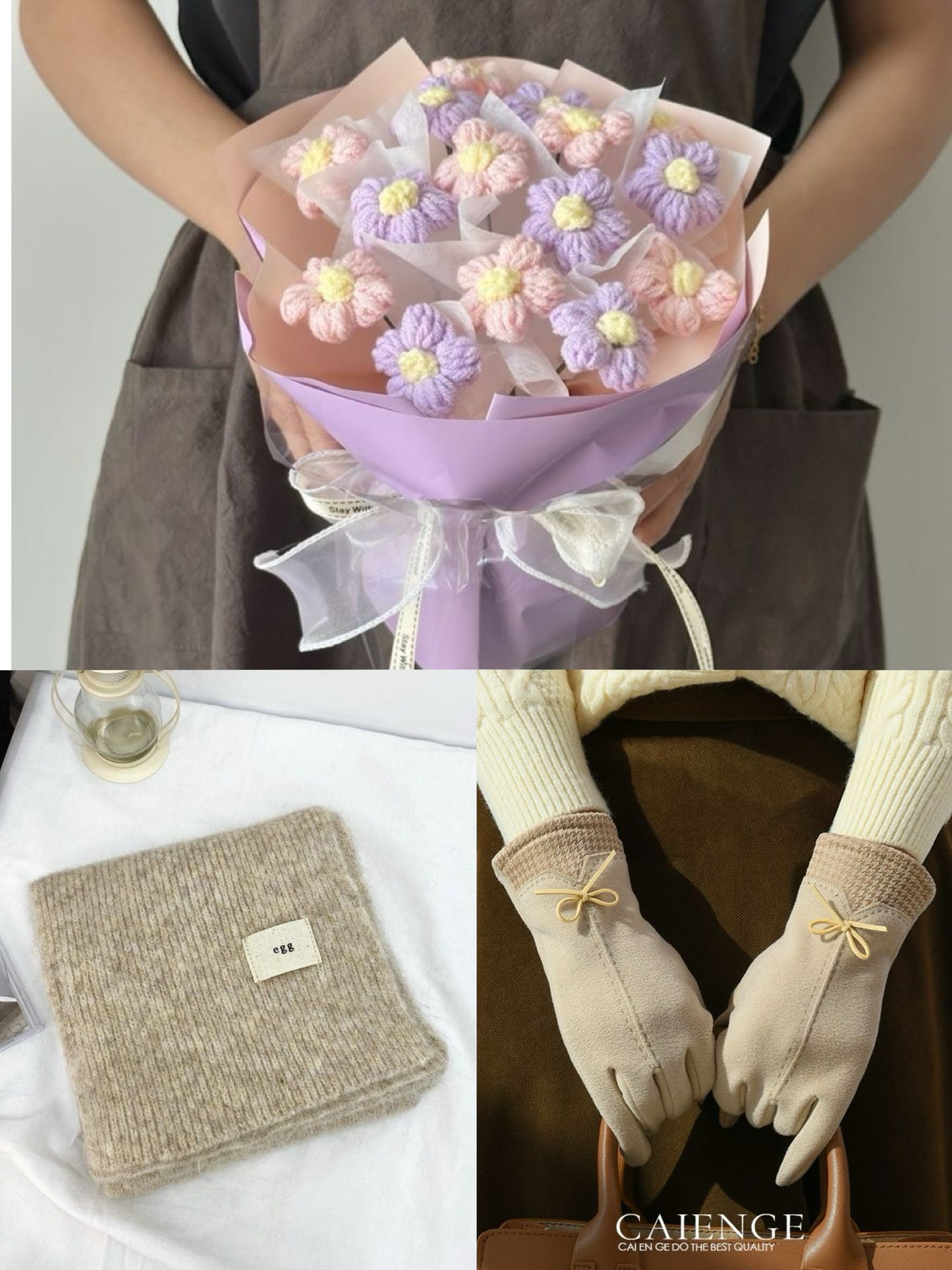 【3点セット】枯れない花束と温もりを贈る。手編みニットブーケ＆マフラー＆手袋ギフト｜選べるカラー