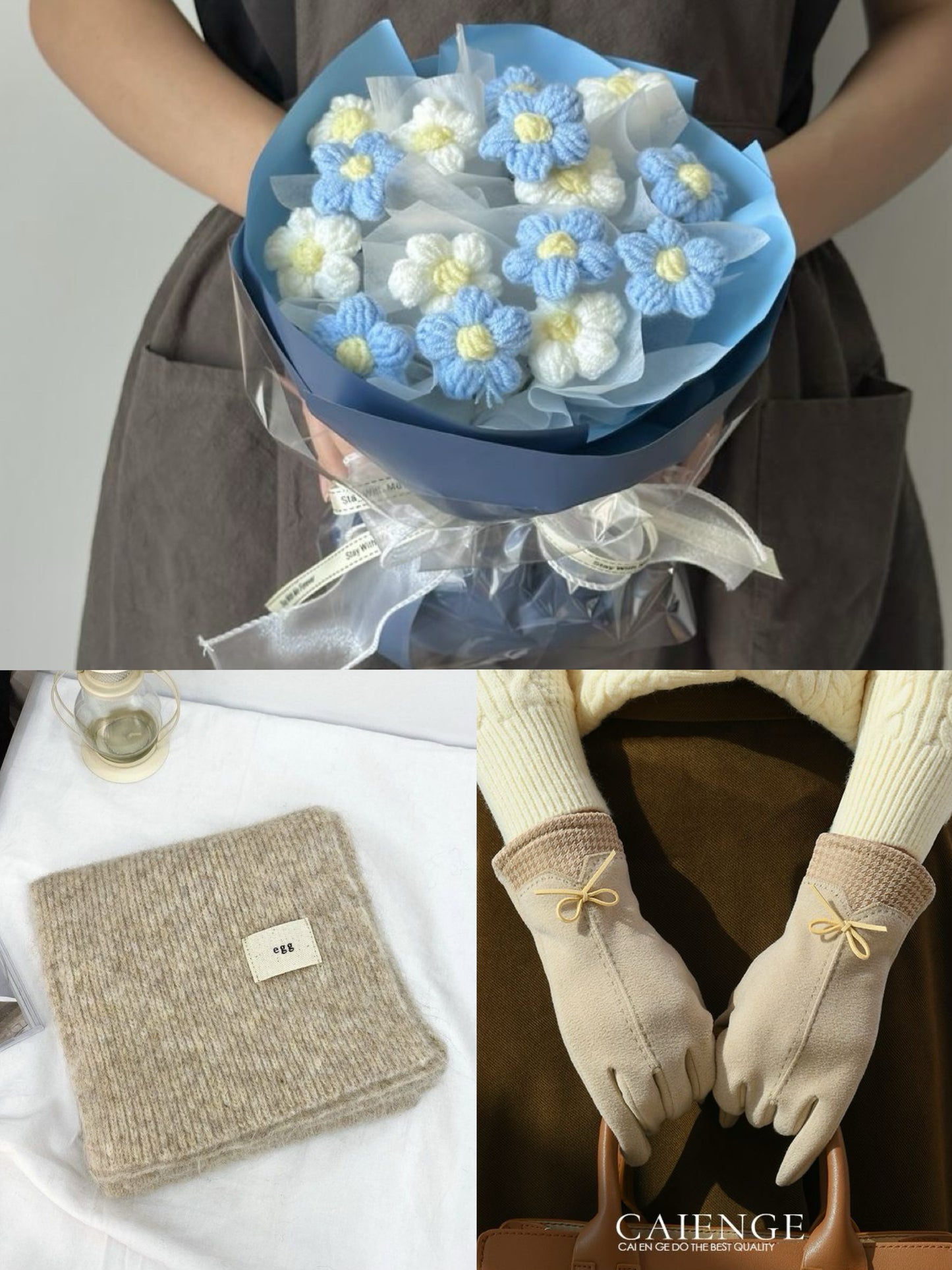 【3点セット】枯れない花束と温もりを贈る。手編みニットブーケ＆マフラー＆手袋ギフト｜選べるカラー