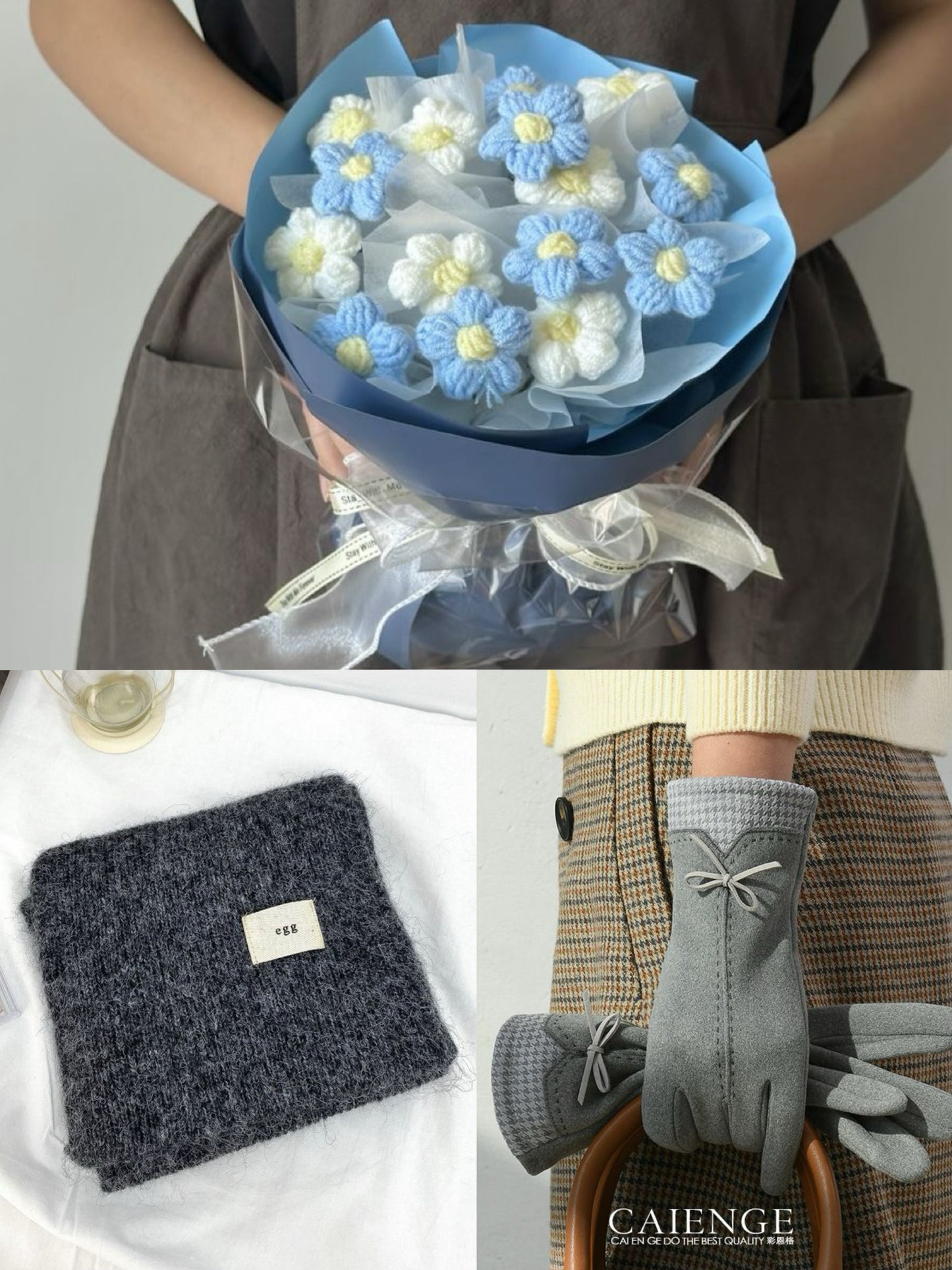 【3点セット】枯れない花束と温もりを贈る。手編みニットブーケ＆マフラー＆手袋ギフト｜選べるカラー