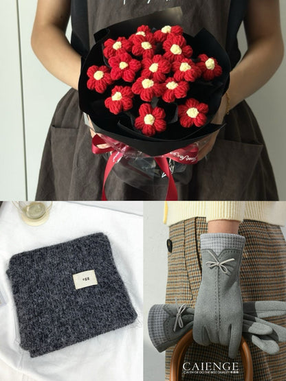 【3点セット】枯れない花束と温もりを贈る。手編みニットブーケ＆マフラー＆手袋ギフト｜選べるカラー
