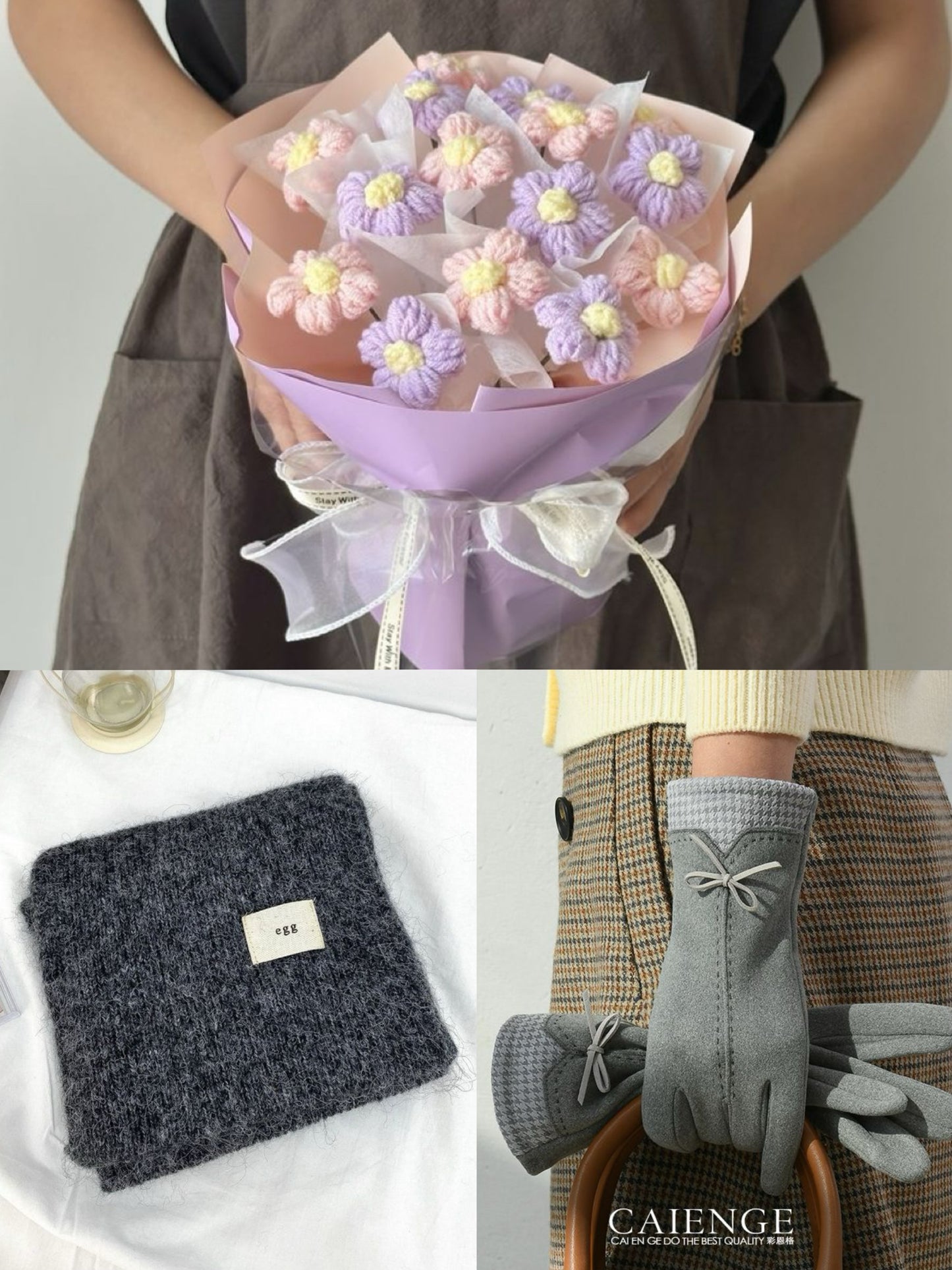 【3点セット】枯れない花束と温もりを贈る。手編みニットブーケ＆マフラー＆手袋ギフト｜選べるカラー