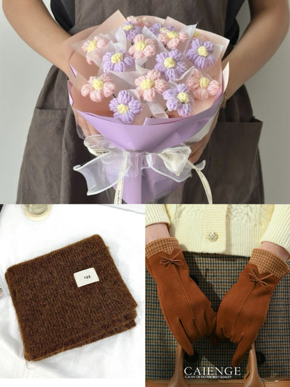 【3点セット】枯れない花束と温もりを贈る。手編みニットブーケ＆マフラー＆手袋ギフト｜選べるカラー