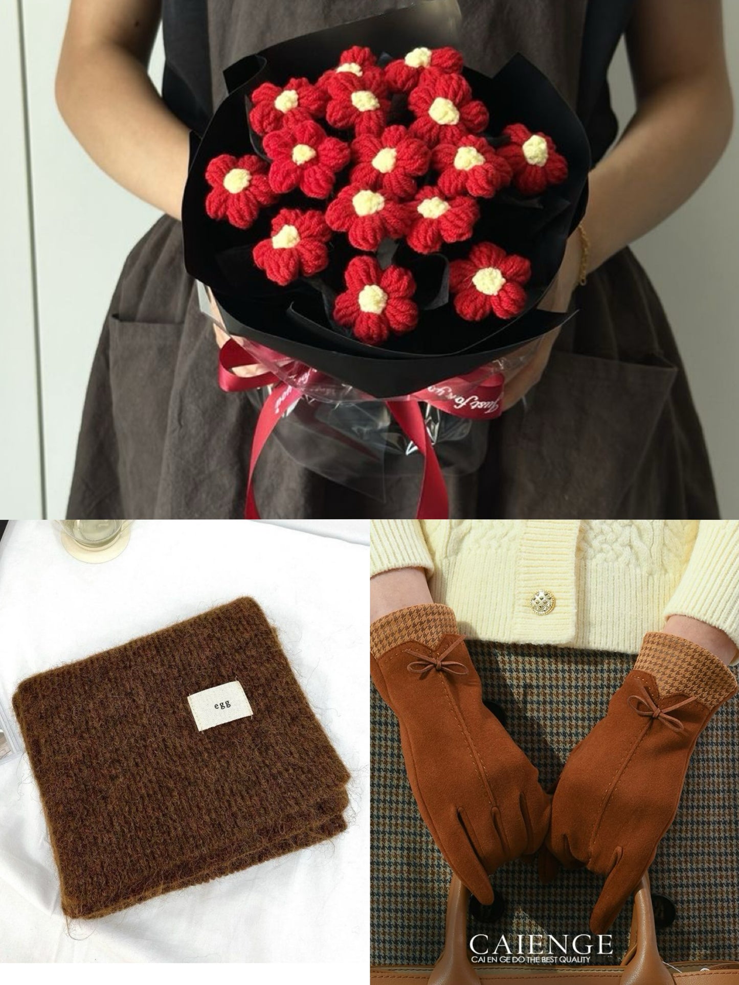 【3点セット】枯れない花束と温もりを贈る。手編みニットブーケ＆マフラー＆手袋ギフト｜選べるカラー