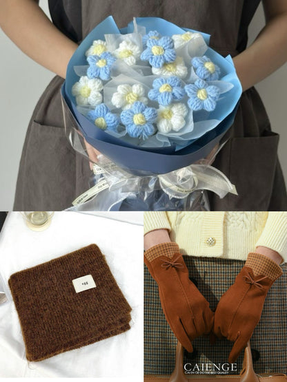 【3点セット】枯れない花束と温もりを贈る。手編みニットブーケ＆マフラー＆手袋ギフト｜選べるカラー