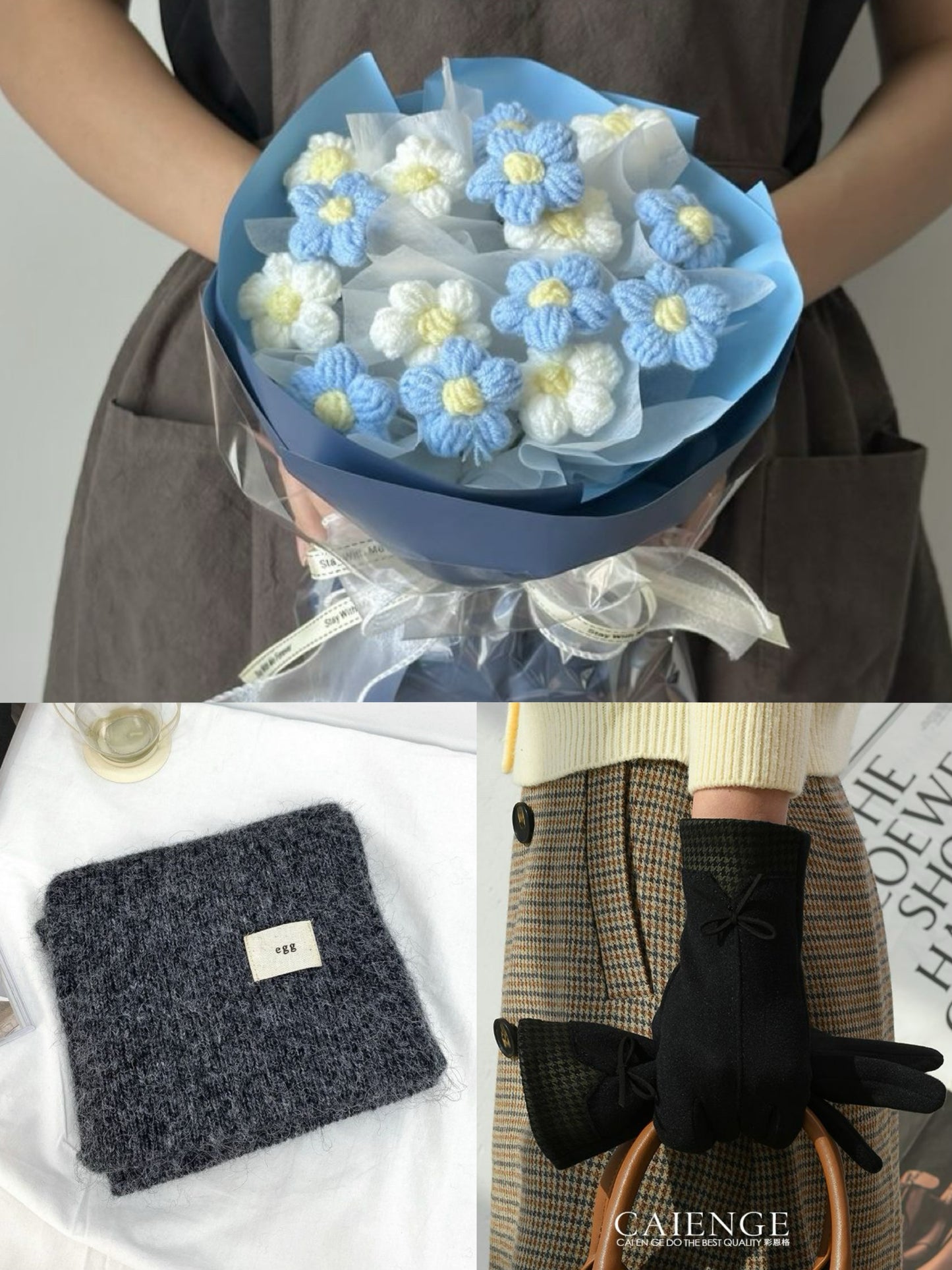 【3点セット】枯れない花束と温もりを贈る。手編みニットブーケ＆マフラー＆手袋ギフト｜選べるカラー