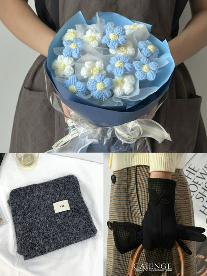 【3点セット】枯れない花束と温もりを贈る。手編みニットブーケ＆マフラー＆手袋ギフト｜選べるカラー