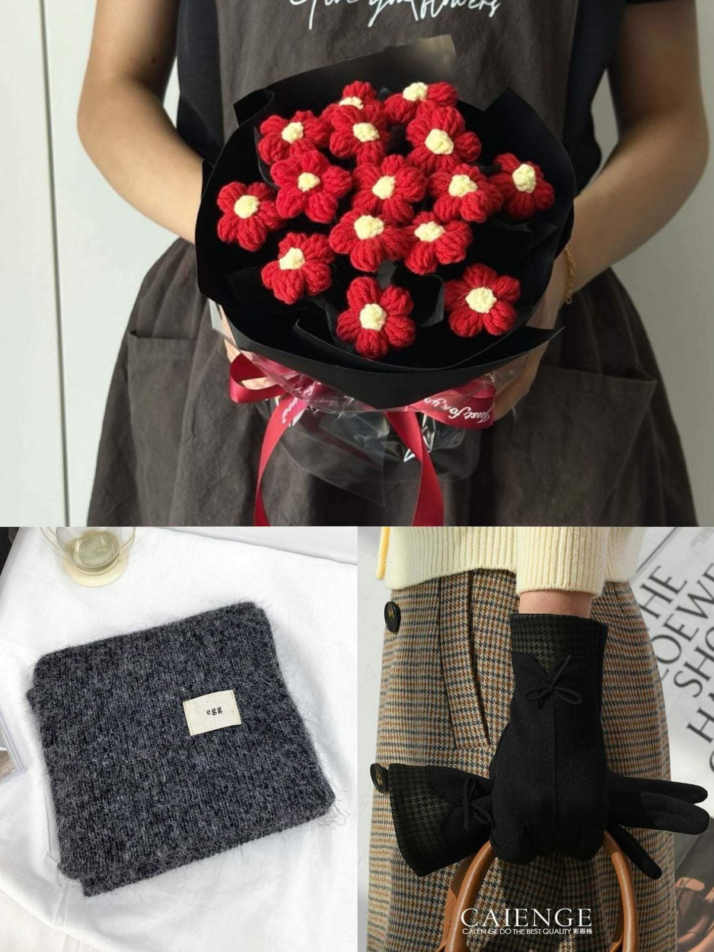 【3点セット】枯れない花束と温もりを贈る。手編みニットブーケ＆マフラー＆手袋ギフト｜選べるカラー