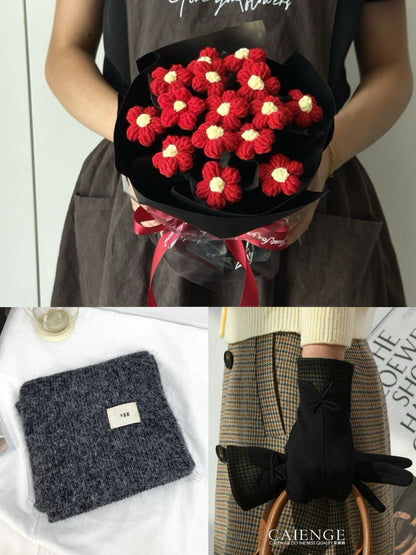 【3点セット】枯れない花束と温もりを贈る。手編みニットブーケ＆マフラー＆手袋ギフト｜選べるカラー