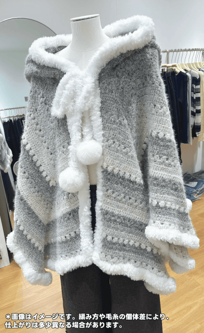 【手編みキット】ロングファーヤーンで編む「星ポンチョ」キット｜選べる丈＆フード＆ポンポン　全14色展開 　電子版編みレシピ！