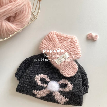 ほしあみ × 英国ブランド Pupcom コラボ 犬服 「Black x pink リボン」  手編みニット ハンドメイド ペット服 冬用 ギフト向け