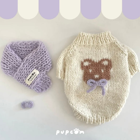 ほしあみ × 英国ブランド Pupcom コラボ 犬服 「Bear & Tie」  手編みニット ハンドメイド ペット服 冬用 ギフト向