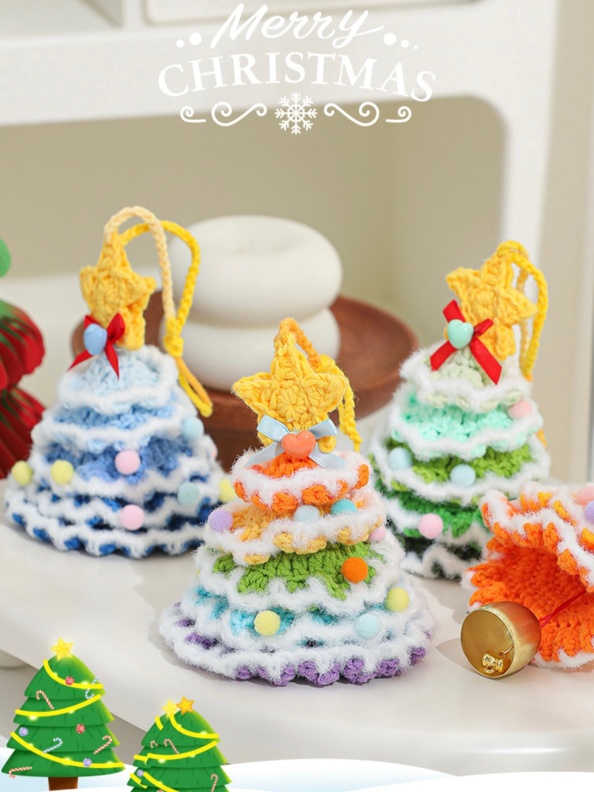 【完成品】クリスマスツリーベル・飾り｜全12色・クリスマスギフト・編む手間なし｜プレゼントやギフトに最適恋人・友達・誕生日・クリスマス